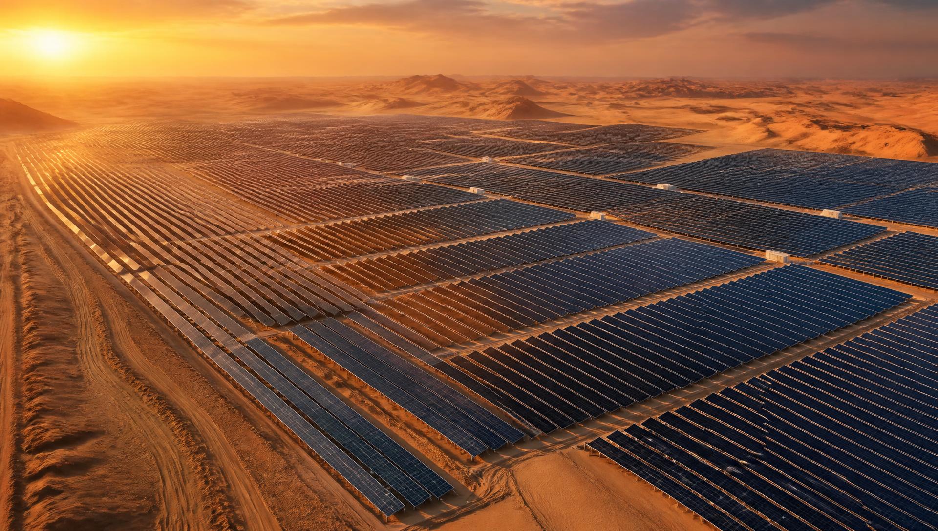 Utility-scale solar plant in the Arabian desert at golden hour